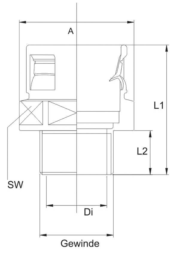Technische Zeichnung einer Schraubverbindung mit Abmessungen: Länge A, L1, L2; Gewinde-Durchmesser Di; Seitenansicht.