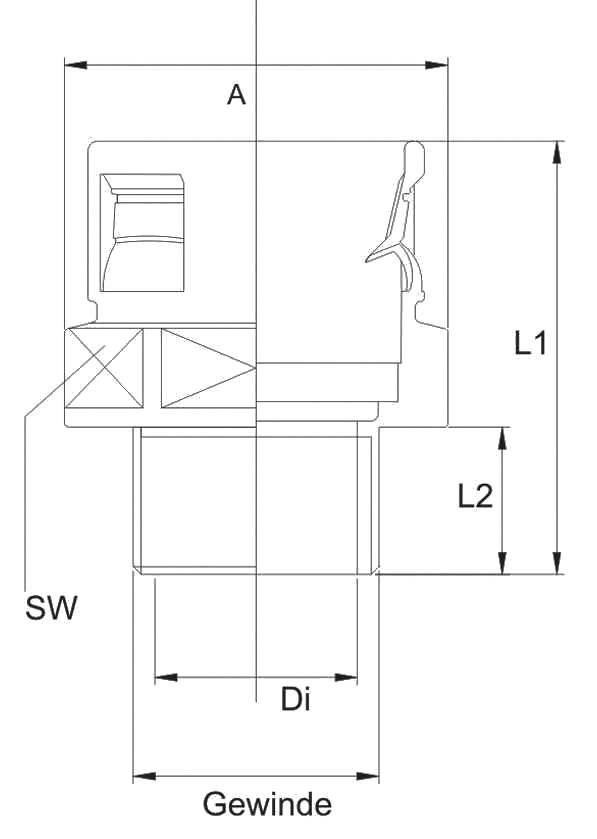 Technische Zeichnung eines Anschlussstücks mit Gewinde. Markiert sind 'SW', 'Di', die Gesamtlänge 'L1', und eine kleinere Länge 'L2'.