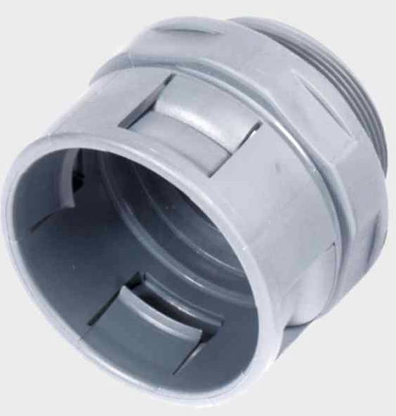 Grauer Kunststoffadapter mit Gewinden und Einkerbungen.