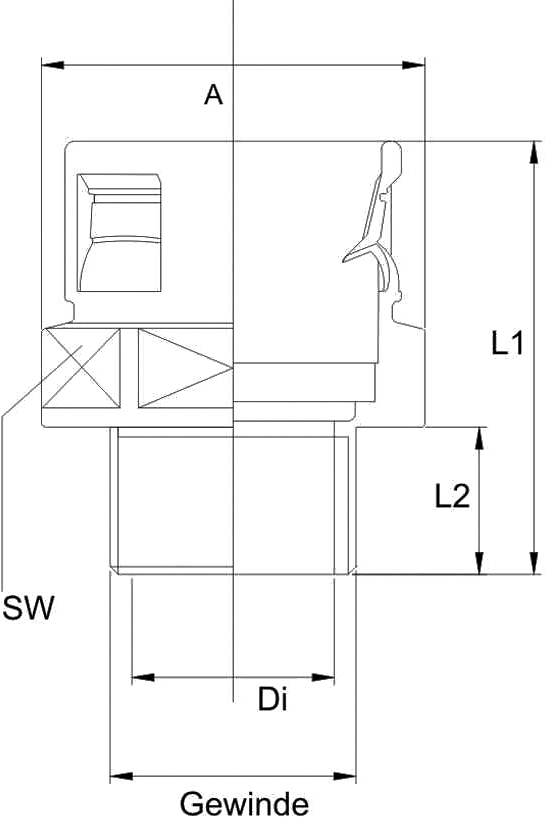Technische Zeichnung einer Messapparatur mit Bezeichnungen der Maße: A, L1, L2, Di, SW und Gewinde. Gerät zeigt detaillierte Konstruktion.