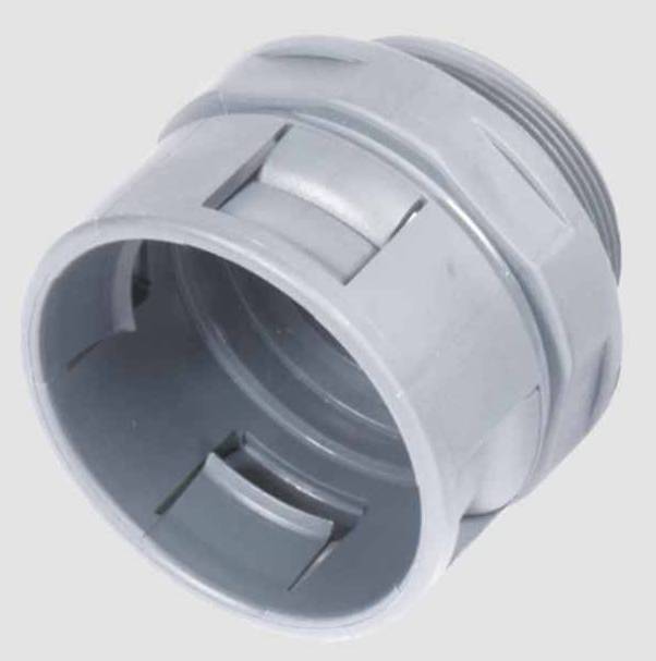 Graues Kunststoffrohrfitting mit gerippter Oberfläche, konisch zulaufend mit Gewinde an einer Seite, zur Verbindung von Rohrleitungen.