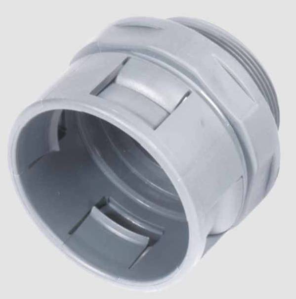 Grauer, zylindrischer Kunststoffadapter mit mehreren Rillen und Steckverbindungen, möglicherweise für industrielle oder technische Anwendungen.