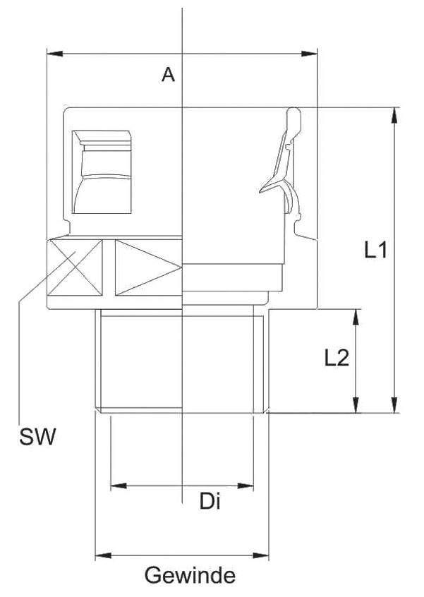 Technische Zeichnung eines Rohrverbindungsstücks mit Maßen A, L1, L2, SW und Di, alle Dimensionen in Millimetern angegeben.