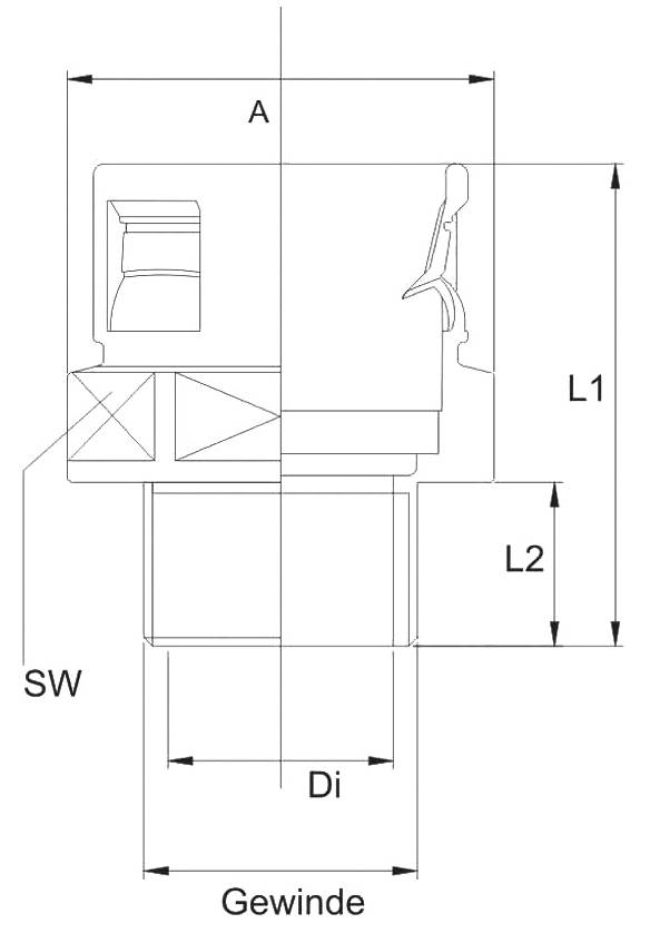 Technische Zeichnung eines Steckverbinders mit Bemaßungen. Hauptmaße: L1, L2, A, Di, SW. Unterteilt in Abschnitte mit Gewinde.