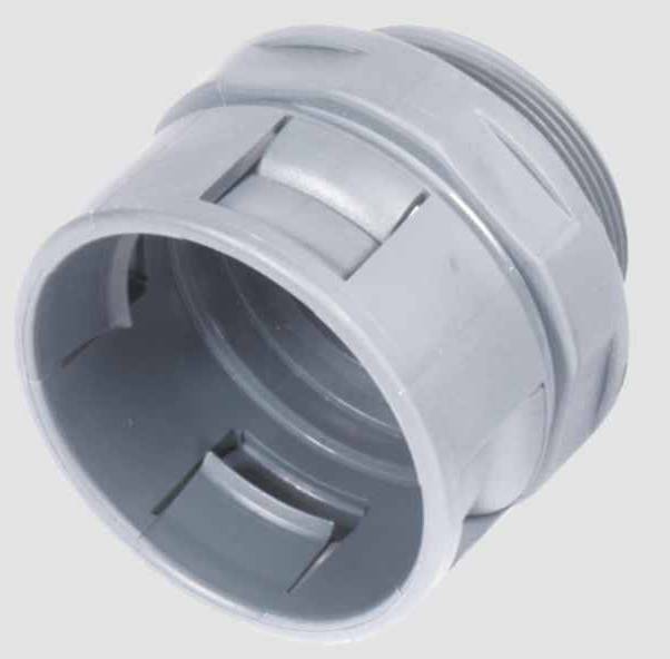 Ein grauer Kunststoffkabelverbinder mit Gewinde zum Anschluss an Rohre oder Kabel, zylindrische Form mit mehreren Rillen.