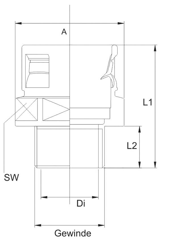 Technische Zeichnung eines Ventils mit Maßangaben: A, L1, L2, SW, und Di. Unten ist 'Gewinde' markiert. Seitenansicht mit Fokus auf Abmessungen.