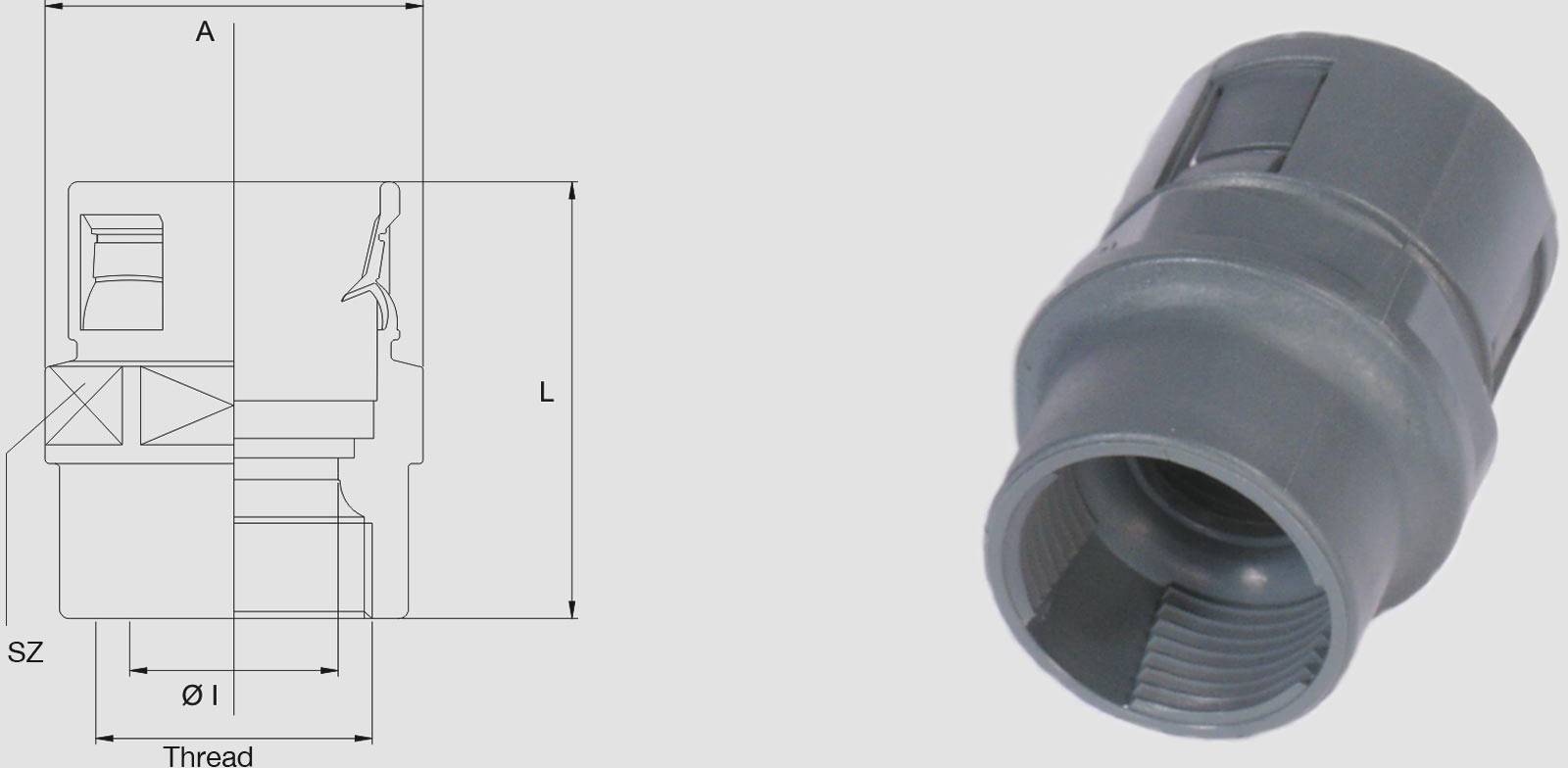 Technische Zeichnung und plastisches Abbild eines Rohrverbinders, mit markierten Maßen A, L, SZ und Thread, ØI abgebildet.