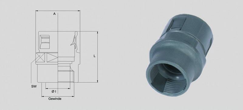 Technische Zeichnung und 3D-Ansicht eines Rohranschlussstücks.