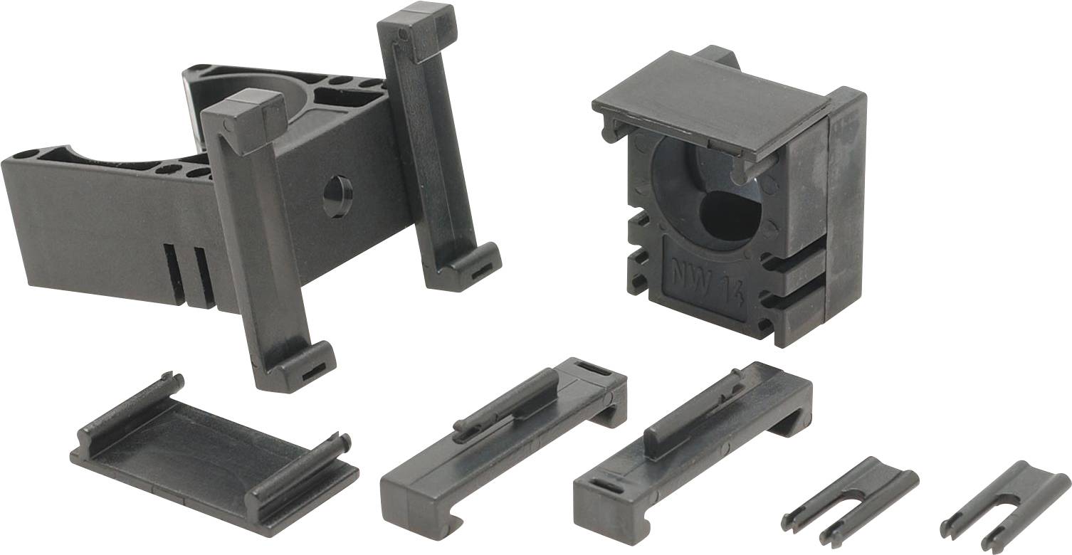 Mehrere schwarze Kunststoffteile unterschiedlicher Formen und Größen, vermutlich Montagematerial oder Bauteile für einen spezifischen Zweck.