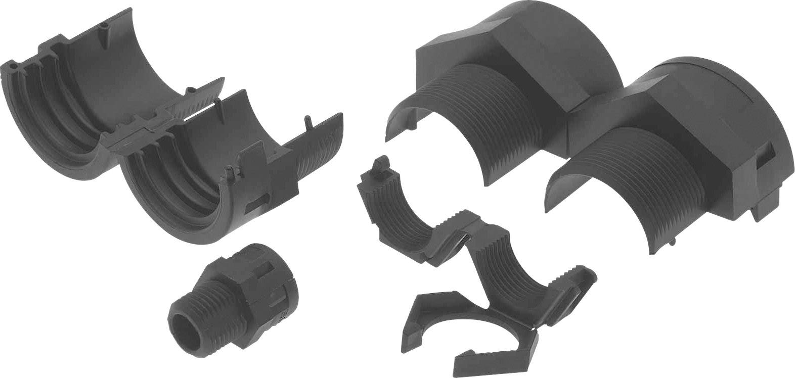 Halbierte Kabelverschraubungen aus schwarzem Kunststoff in verschiedenen Größen, die zur Fixierung und Abdichtung von Kabeln dienen.