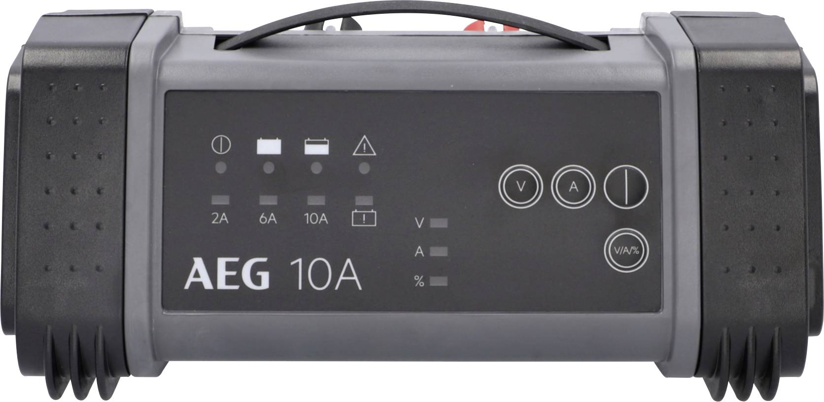 Ein schwarzer und grauer AEG 10A-Batterielader mit Steuertasten und Kontrollleuchten auf der Frontblende, entwickelt für die Verwendung im Automobilbereich.