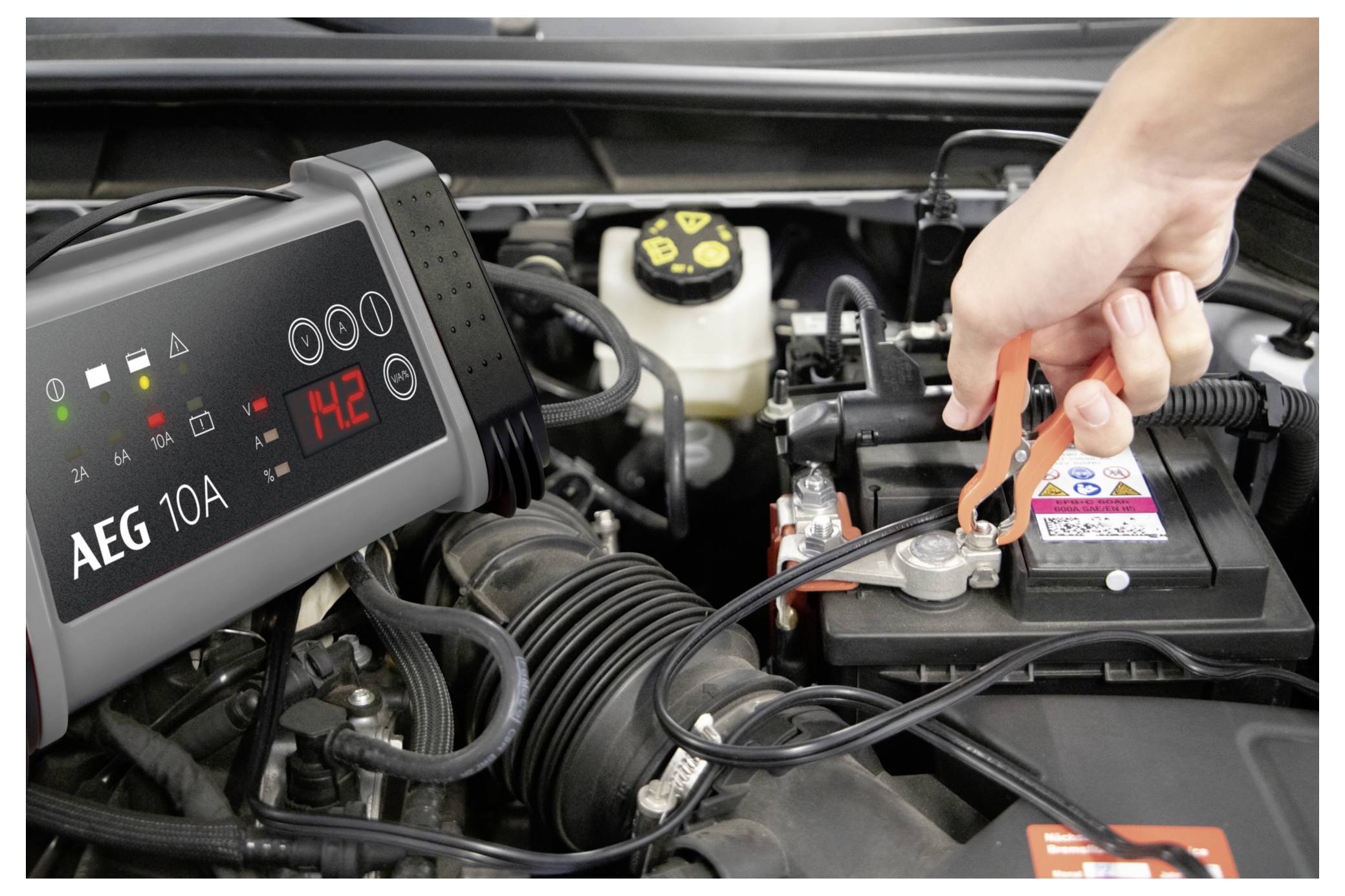 Die Hand einer Person befestigt eine Klemme eines Batterieladegeräts an einem Autobatterie-Anschluss. Das Ladegerät zeigt „14,2