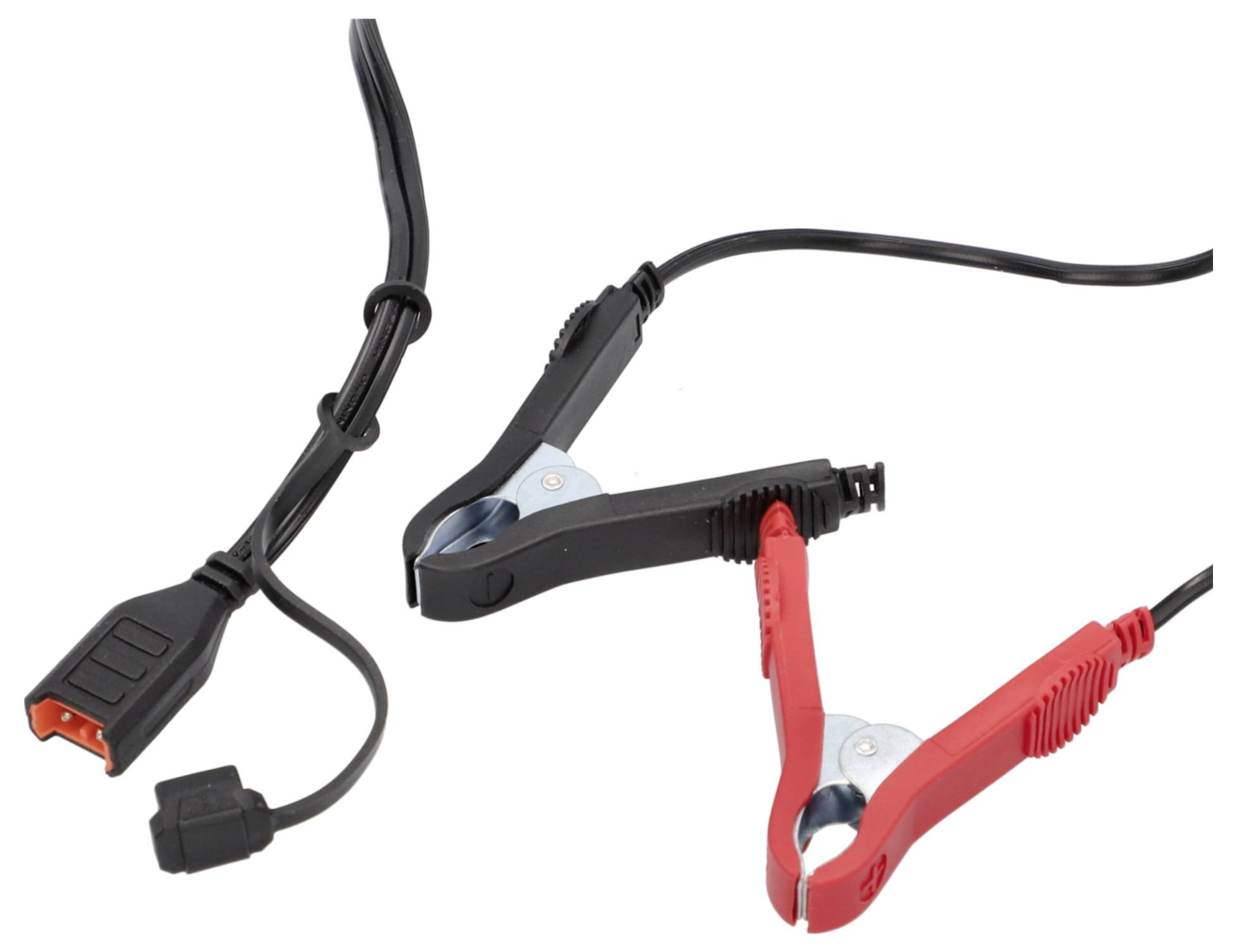 Batterie-Starthilfekabel mit roten und schwarzen Klemmen, verbunden mit einem schwarzen Stromkabel.