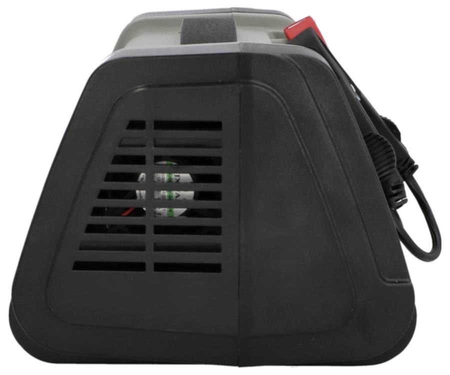 Ein schwarzes und graues dreieckiges Gerät mit belüfteter Seitenwand und sichtbarem Innenventilator, versehen mit einem roten Knopf und einem schwarzen Kabel.