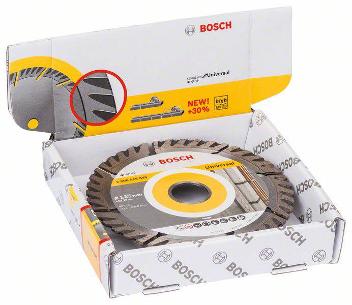 Verpackung einer Bosch Diamanttrennscheibe 'Universal'. Zeigt die Scheibe, ihren Durchmesser von 125 mm und das Design mit einem gelben Ring.