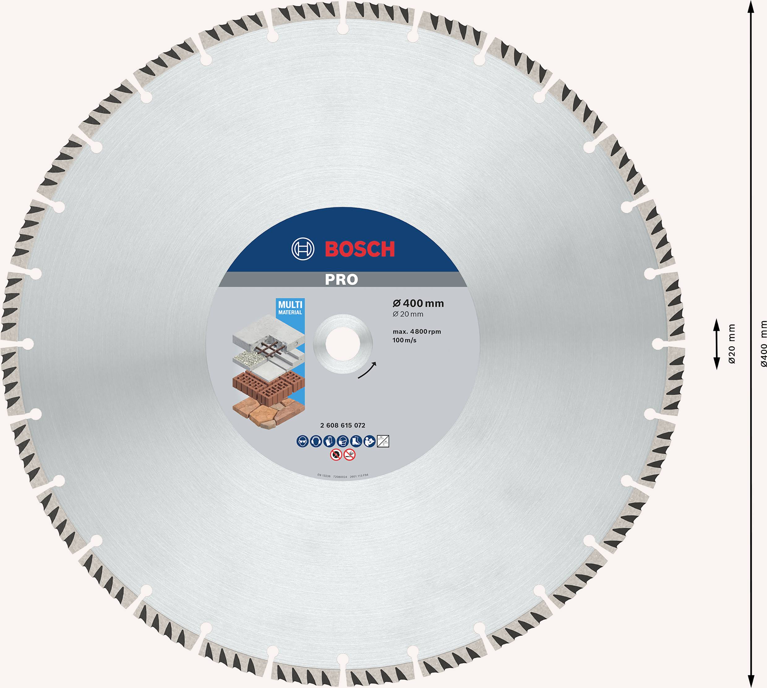 Abbildung einer Bosch Pro Diamantscheibe mit einem Durchmesser von 400 mm. Geeignet für Beton und Stein. Geschwindigkeit: 4.800 U/min.
