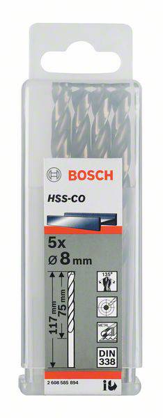 Bosch HSS-CO 5er Pack, Bohrer Ø8mm, Länge 117mm x 75mm, DIN 338, für Metallbearbeitung, im Kunststoffetui.