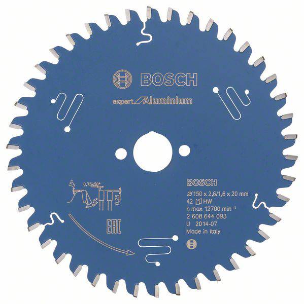 Blaues Bosch-Sägeblatt für Aluminium, Durchmesser 150 mm, 42 Zähne. Etikett mit technischen Spezifikationen und Herstellung in Italien.