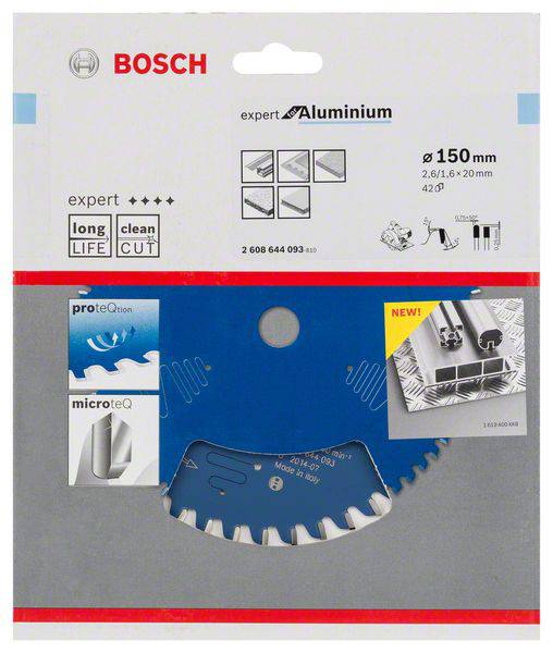 Verpackung eines Bosch Kreissägeblatts für Aluminium, Durchmesser 150 mm, mit 