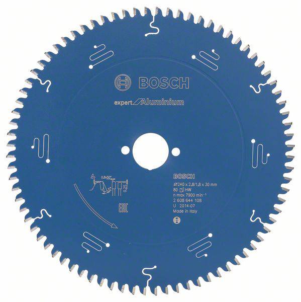 Blaues Sägeblatt von Bosch für Aluminium mit 260 Zähnen, 254 mm Durchmesser und 30 mm Bohrung. Symbole und technischer Text auf der Oberfläche.