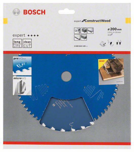 Sägeblatt von Bosch für Holz, 200 mm Durchmesser, verpackt. Enthält die Aufschrift 'expert ConstructWood', mit Bildern zur Nutzung.