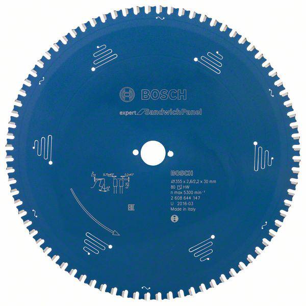 Ein kreisförmiges Sägeblatt mit feinen Zähnen, blau gefärbt, für Sandwichplatten. Marke 'Bosch', technische Angaben sind aufgedruckt.