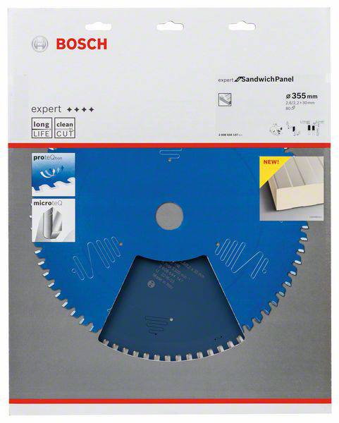Blaues Bosch-Sägeblatt für Sandwichpaneele. Durchmesser 355 mm. Beworben als langlebig mit sauberem Schnitt. Links oben Bosch-Logo.