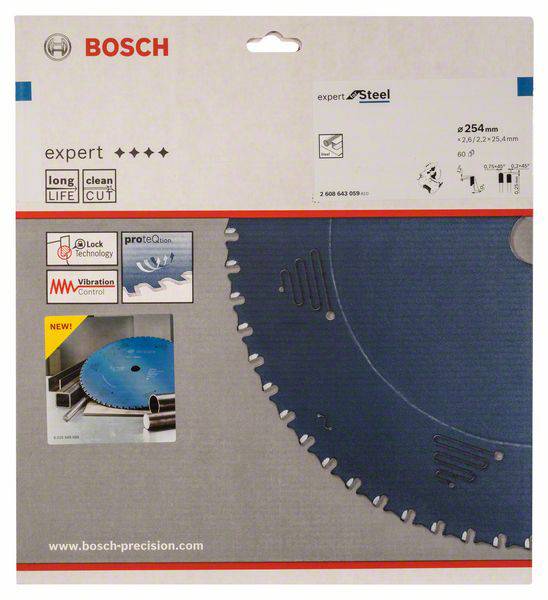 Verpackung einer Bosch Kreissägeblatt 'expert for Steel' mit 254mm Durchmesser. Enthält Symbole für Lebensdauer und Vibrationskontrolle.