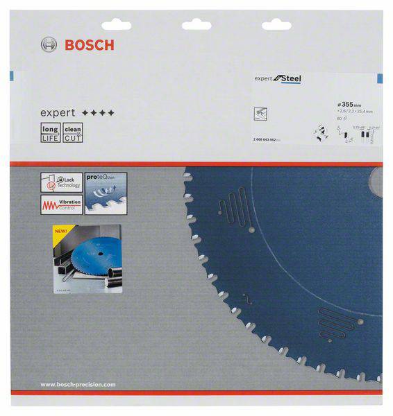 Verpackung für Bosch Sägeblatt 'expert' für Stahl, 355 mm Durchmesser, zeigt Produktmerkmale und Logos.