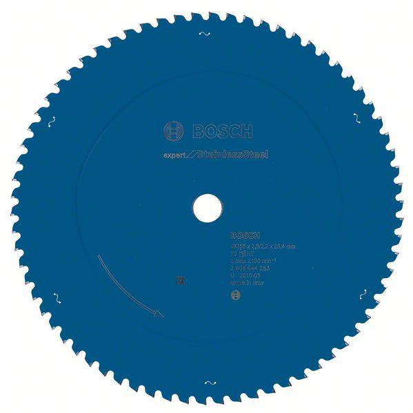 Kreissägeblatt mit blauer Oberfläche, der Marke „Bosch“, für Holzschnitte. Enthält Maße und Materialangaben.