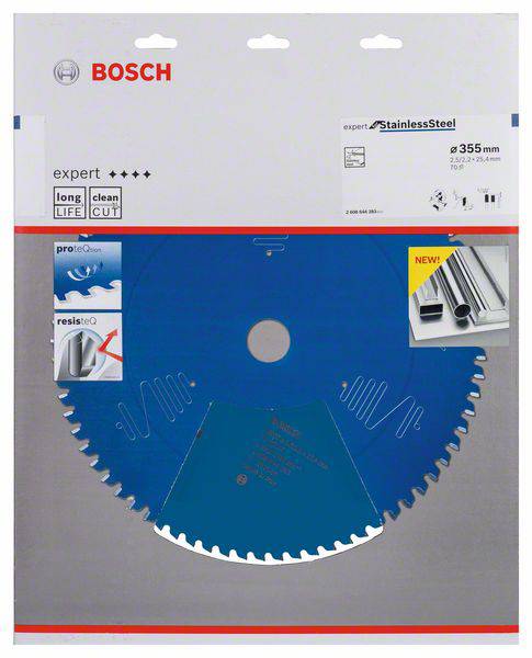 Ein blaues Sägeblatt der Marke Bosch für Edelstahl, Durchmesser 355 mm. Verpackung zeigt Beispiele von Schnitten in Metallrohren.