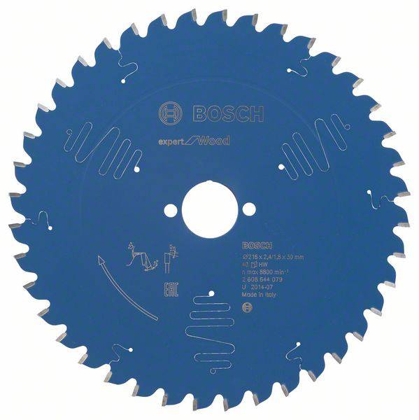Ein blaues Kreissägeblatt mit dem Bosch-Logo in der Mitte und der Aufschrift 'expert for Wood'. 30 Zähne und technische Spezifikationen.