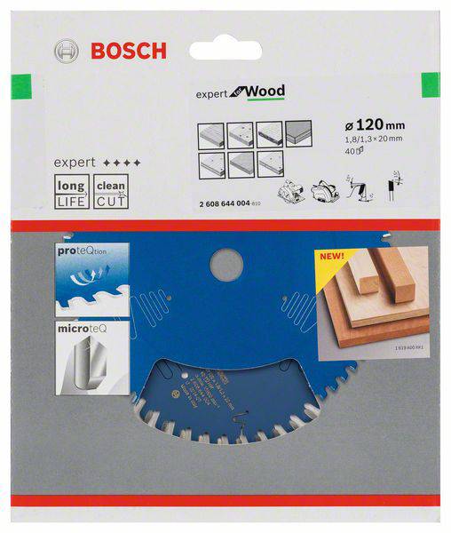 Verpackung einer Bosch Sägeblatt für Holz, 120mm Durchmesser. Anzeigen von Produktspezifikationen sowie Langlebigkeits- und Schnittleistungssymbolen.