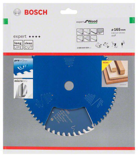 Bosch Sägeblatt für Holz, 165 mm, Expert-Serie. Geeignet für saubere Schnitte, mit Proteqtion- und Microteq-Technologie.