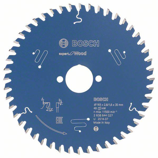 Blaues Sägeblatt mit Firmenlogo und Text 'Bosch Expert for Wood'. Spezifikationen sind angegeben, wie Durchmesser und Umdrehungen pro Minute.
