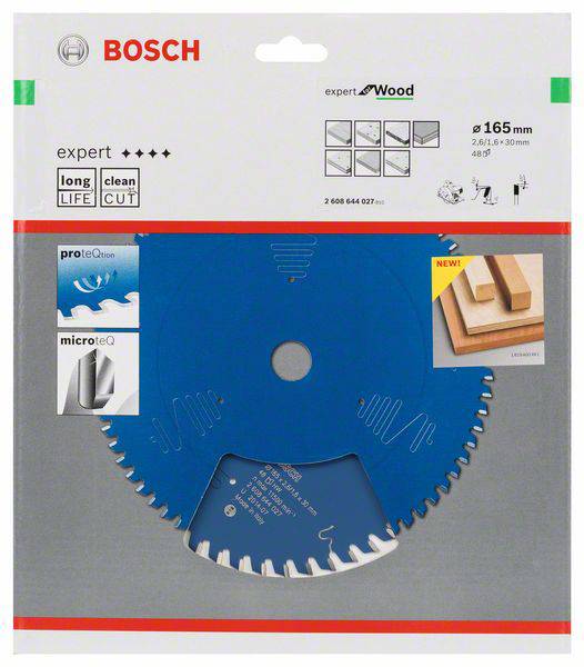 Blaues Bosch Sägeblatt, 165 mm Durchmesser, für Holzschnitte. Verpackung betont Langlebigkeit und präzisen Schnitt.