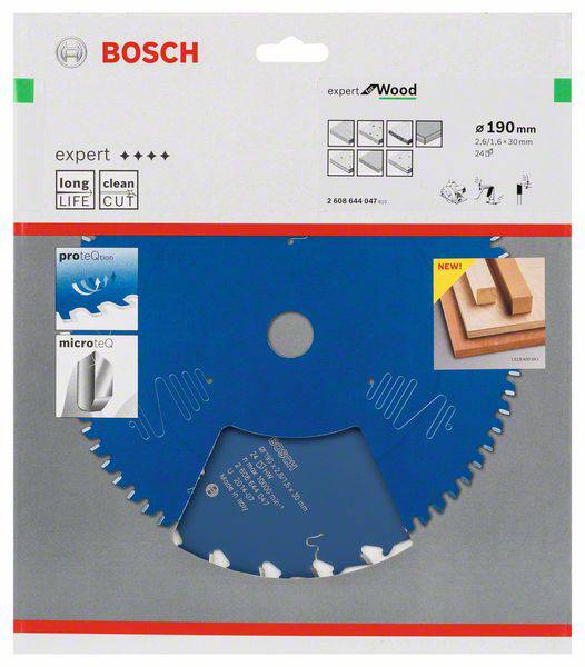 Kreissägeblatt in Verpackung, Marke 'Bosch', geeignet für Holz, Durchmesser 190 mm, beschreibt lange Lebensdauer und saubere Schnitte.