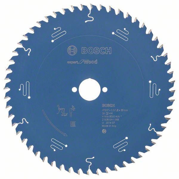 Kreissägeblatt von Bosch, speziell für Holzverarbeitung, mit blauer Beschichtung und gezacktem Rand. Made in Italy.