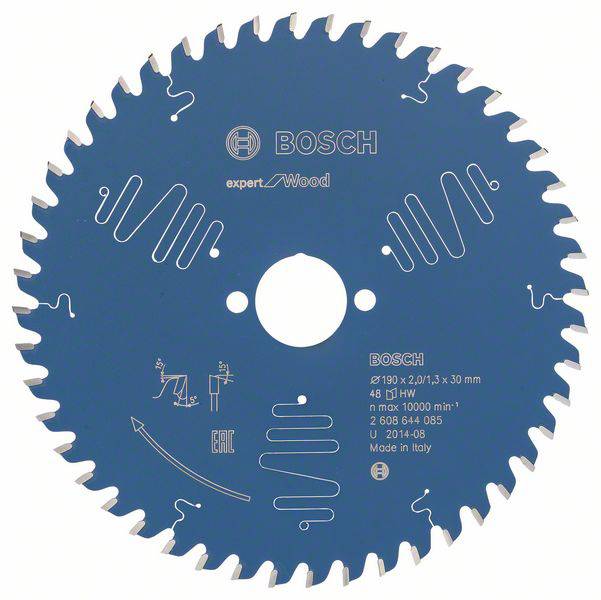 Sägeblatt von Bosch für Holz, blaues Design, 48 Zähne, max. 10000 U/min, Durchmesser 190 mm, hergestellt in Italien.
