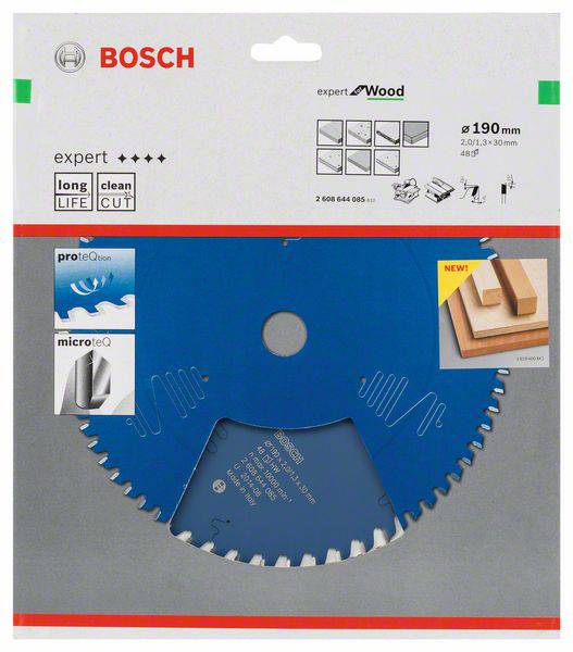 Eine Kreissägeblatt-Verpackung der Marke Bosch, geeignet für Holz, Durchmesser 190 mm. Enthält Symbole für 'long life' und 'clean cut'.
