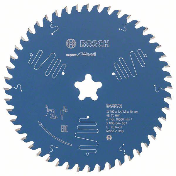 Sägeblatt von Bosch, speziell für Holz. Durchmesser 190 mm, 48 Zähne. Maximale Drehzahl 10.000 U/min. Hergestellt in Italien.