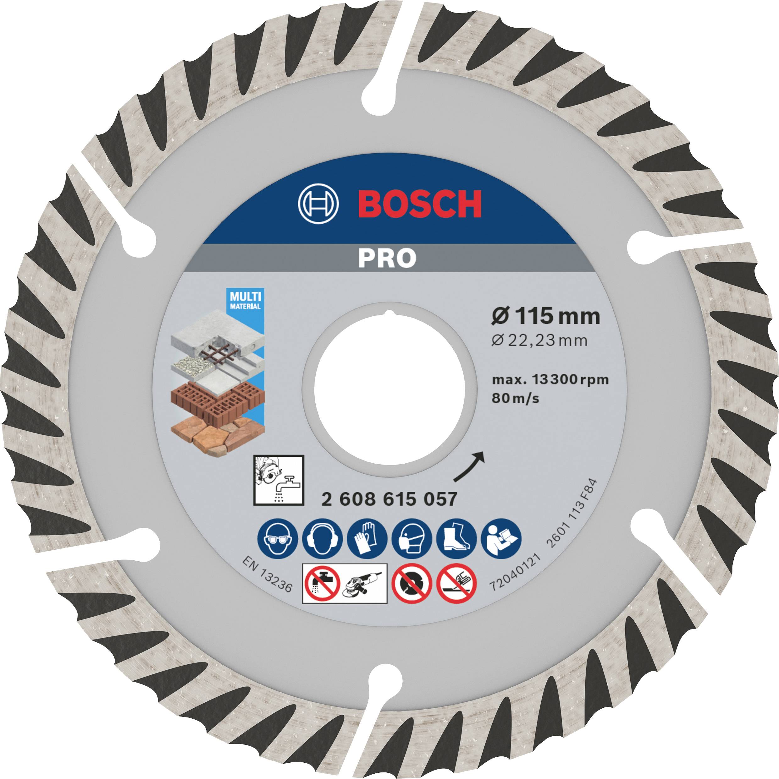 Kreissägeblatt von Bosch für Metall und Stein, Durchmesser 115 mm, max. 13.300 U/min, diverse Sicherheits- und Materialhinweise.