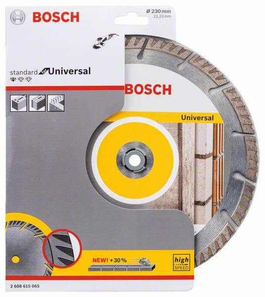 Verpackung einer Bosch Diamant-Trennscheibe, 230 mm Durchmesser, geeignet für Beton und Ziegel, hervorgehoben durch 