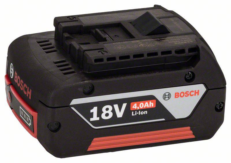 Bosch 18V 4,0Ah Li-Ion Akku. Kompakt und schwarz mit rotem Akzent, geeignet für Elektrowerkzeuge.