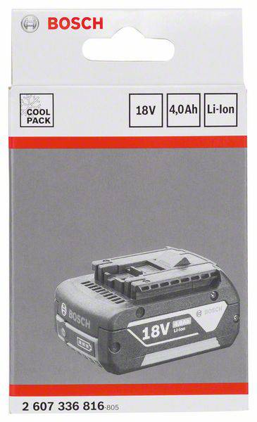 Diese Verpackung zeigt einen Bosch 18V 4,0Ah Li-Ion Akku für Elektrowerkzeuge mit CO2-neutralem CoolPack.