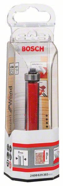 Verpackung eines Bosch Oberfräserbits für Holz, zeigt das Produkt mit techn. Details: Durchmesser 8 mm, Frästiefe 40 mm.