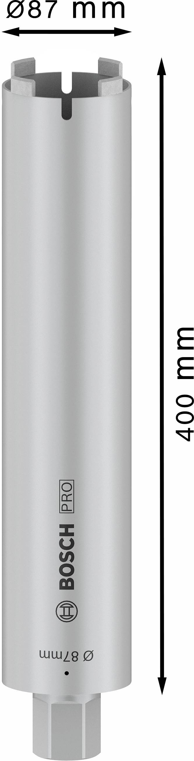 Bohrkrone von Bosch Pro, 87 mm Durchmesser, 400 mm Länge, zylinderförmig, silberfarben, geeignet für professionelle Bohrarbeiten.