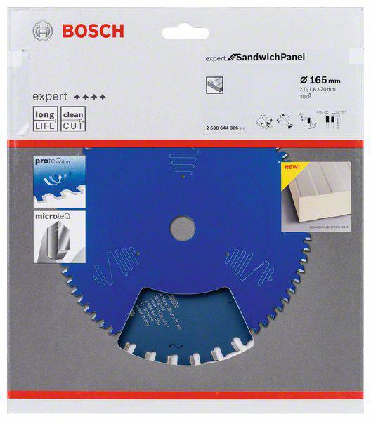 Sägeblatt für Sandwichplatten von Bosch, Ø 165 mm, für präzisen und sauberen Schnitt. Verpackung mit Produktabbildung.