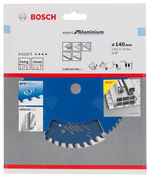 Bosch Sägeblatt für Aluminium, Durchmesser 140 mm, Zahnanzahl 42; geeignet für saubere Schnitte, Abbildung von Profilen und Blatt.