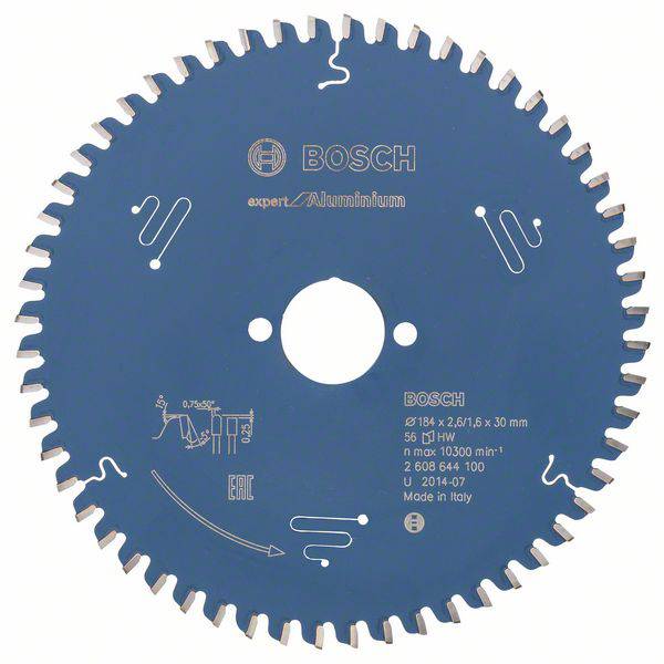 Kreissägeblatt für Aluminium von Bosch mit 55 Zähnen und Maßen 184 x 2,6/1,6 x 30 mm. Geeignet für eine maximale Drehzahl von 10300 min⁻¹.